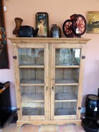 Bare wood glass front bookcase,
