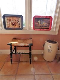 Signed Hitchcock stool with rush seat, Uhl pottery 6 gallon crock
