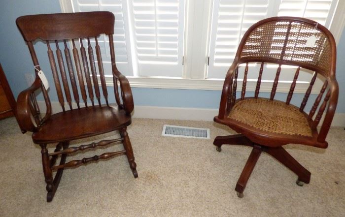 Oak arrow back rocking chair, caned back & seat office rolling chair