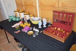 Flatware, mushroom cannisters, primary colored pyrex bowls