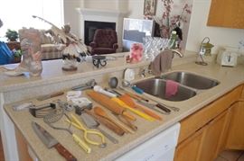 Kitchen items, Kachina doll, pottery boot, stemware