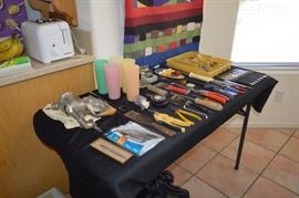 Misc tools, kitchen items, flatware, knives