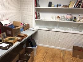 Assorted frames and office supplies