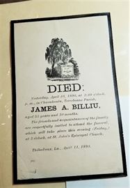 ORIGINAL 19th century funeral notice - a Thibodeaux  piece - very scarce