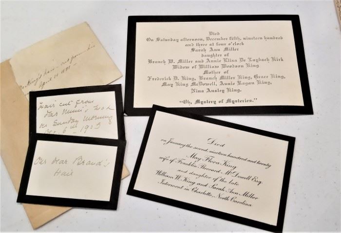 Mourning Ephemera from the King family, including clipped locks of hair from family members (a 19th century custom).