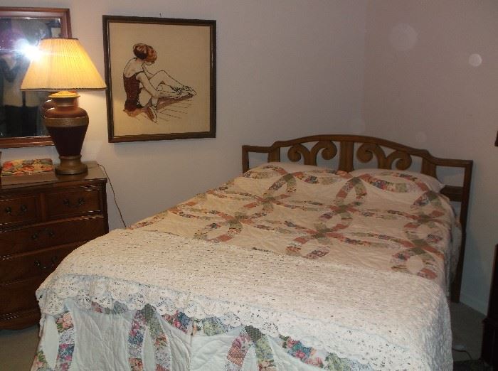 "Double Wedding Ring" quilt (not handmade) and hand crocheted spread/tablecloth