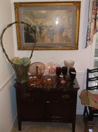 Oak wash stand with pink depression glass and vintage floral basket