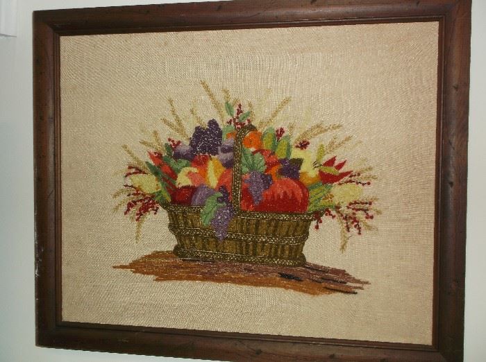 Crewel vegetable and fruit basket wall hanging