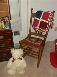 Pressed back oak sewing rocker