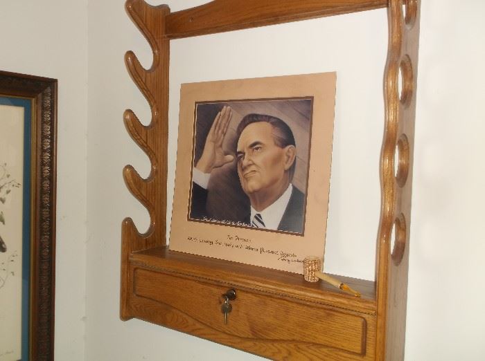 One of two Remington gun racks and autographed print of George Wallace