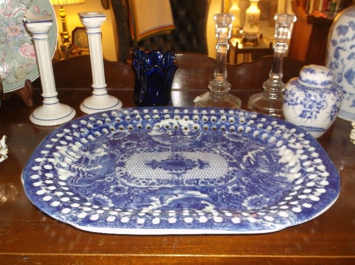 Blue and white transferware platter