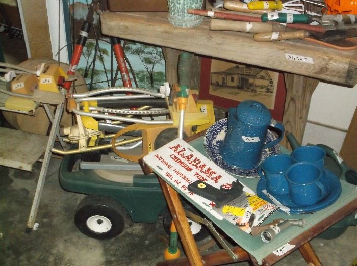 Gardening items and graniteware dishes