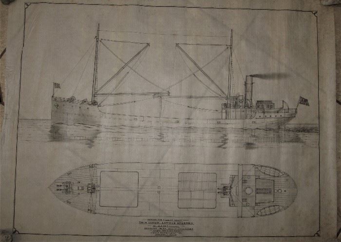Plan/Sketch #2 "Design for Light Craft Twin Screw Lumber Steamer       31 3/4 x 21                                                    The Craig Shipbuilding Co. of Long Beach circa 1910