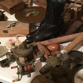 Vintage Fishing reels, bobbers and High Top Victorian ladies boots
