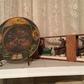Tin Pocahontas Plate, Vintage Wooden Santa and 8 deer