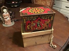 Near Mint in the original box, Tin Litho Hurdy Gurdy, Still Plays