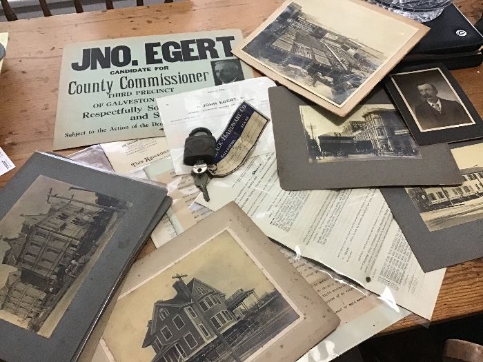 Lots of John Egert and Galveston paper Memorablia.  Photos of buildings being moved and raised, receipts, actual contracts, advertisements, business cards, etc. very interesting memorabilia and original.  Still sorting.  A lot more than shown here.  