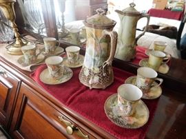 Hand Painted Nippon Chocolate Set. Pot, lid 6 cups and saucers