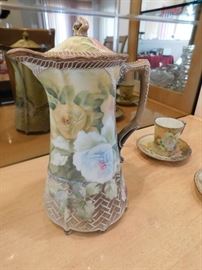 Hand Painted Nippon Chocolate Set. Pot, lid 6 cups and saucers
