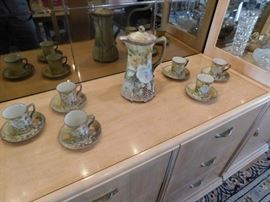 Hand Painted Nippon Chocolate Set. Pot, lid 6 cups and saucers
