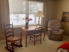 Rocker and awesome lift chair - the color is off on this photo -actual color is between a gray and green, very handsome