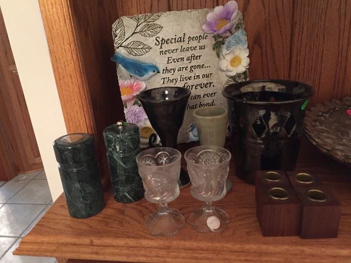 assorted glasses, pottery, candle holders and plaque