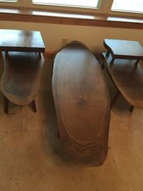 Hand crafted solid walnut oval table coffee table with matching end tables