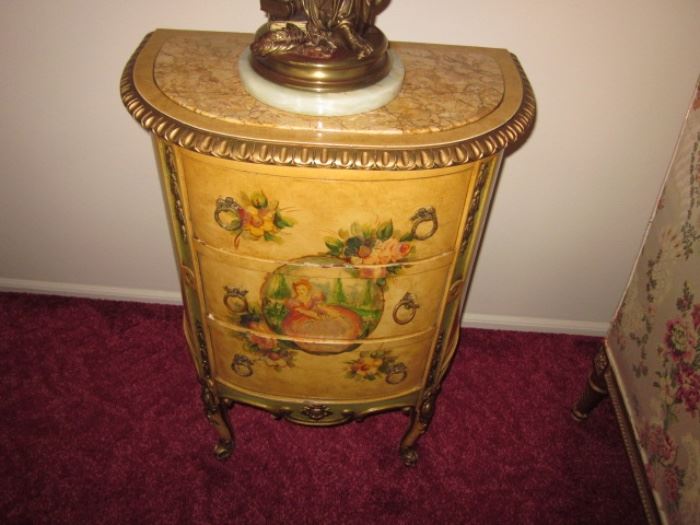 French Hand Painted Marble Top Portrait End Tables