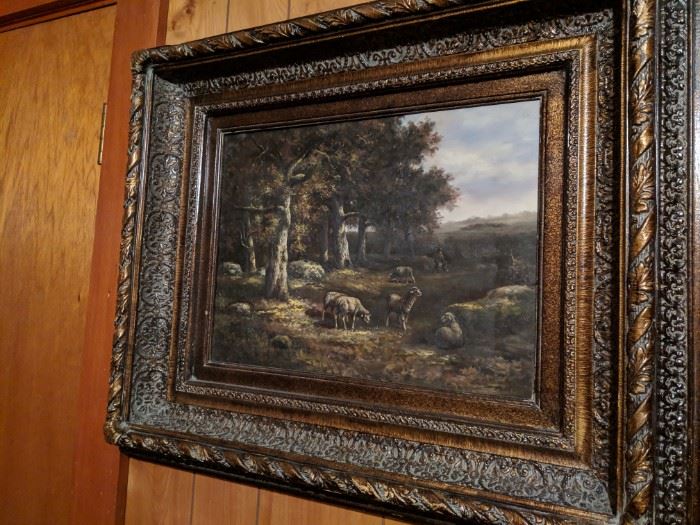 VINTAGE FRAMED OIL ON CANVAS PAINTING SHEEP IN A FIELD PASTORAL ANIMALS