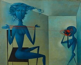 Mikulas Medek (Czech Republic, 1926-1974) Oil on Canvas Painting. The modern surreal 1956 oil painting draws on the artist's exceptional powerful source of imagination, sensibility and intellect. The theme of human destiny is expressed exquisitely through highly refined visual metaphors of human existence. In his lifetime, Medek's paintings were met with official disapproval under Communist Party rule, yet the artist soldiered on - painting throughout his life, until he no longer was able to. The oil on canvas painting measures 51 inches high, 63.3 inches wide. Framed with a simple wood strip frame. Signed Brezen (March) 1956 - Medek upper right. In good condition. With inspection under UV light it revealed a small area of touch up in her hair and a small one half inch by three inch touched up abrasion in front of the child's knee and some random touched up specks.