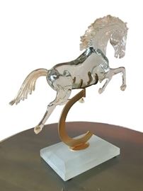 Masterpiece, Oversized Murano Horse w/24 KT Gold Dust, propped perfectly on a glass and brass stand. Exquisite piece with Original Certificate indicates Insurance Value: $18,500