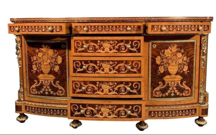 Magnificent Kremlin Collection, Italian marquetry over sized sideboard , exotic wood marquetry with inlaid flowers. Two doors and drawers make this custom order piece priceless.