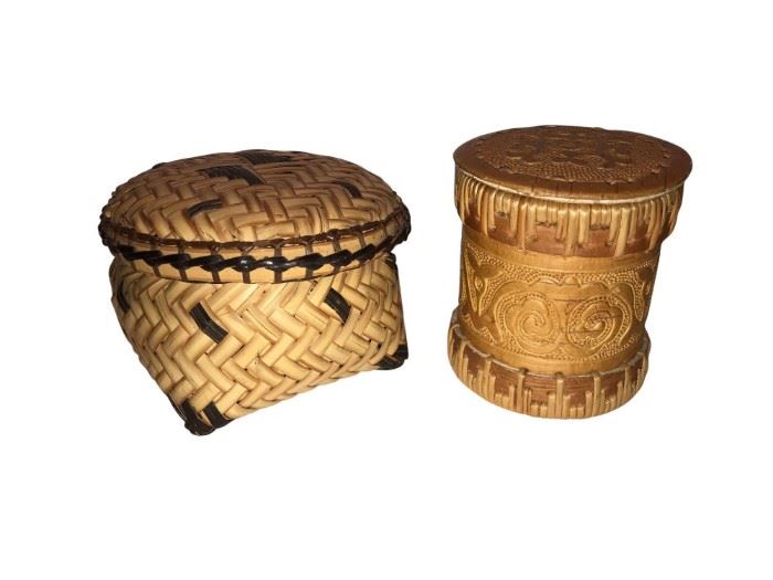Pair of Small Wooden Woven Baskets with lids