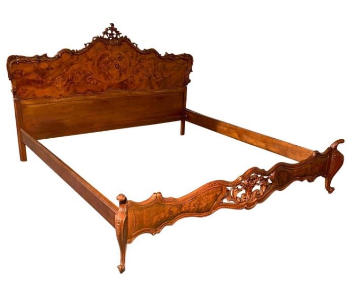 Impressive Italian, exotic wood, marquetry bed. The detail and craftsmanship is superior, custom ordered from the finest Italian furniture makers