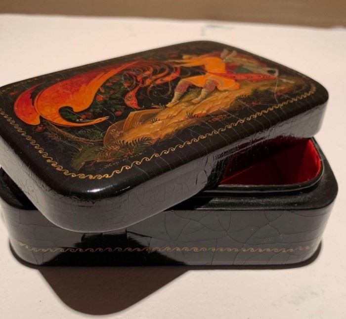Russian hand painted rectangle shaped crackled and signed lacquered collectors box.