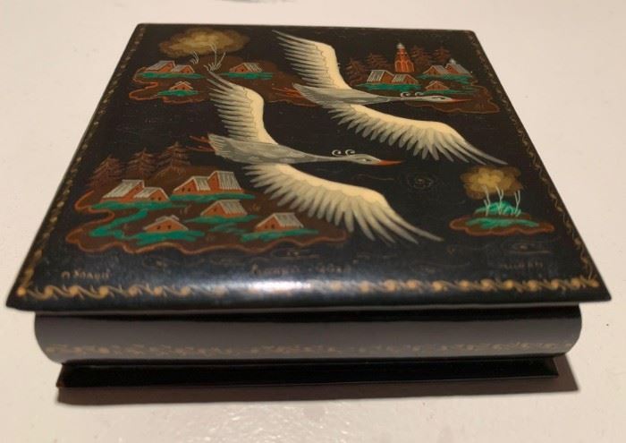 Soaring Birds, Russian hand painted, signed and lacquered collectors box