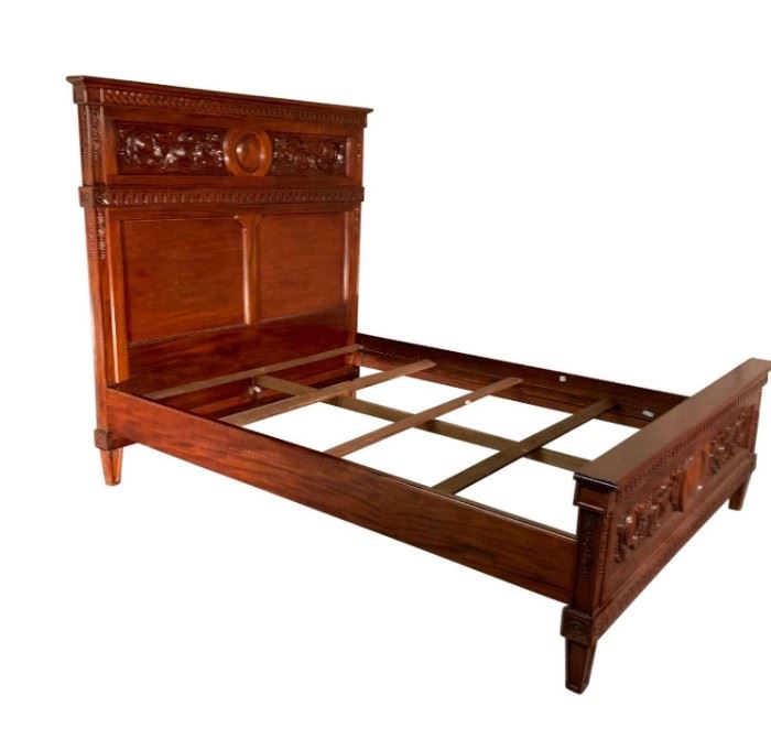 Catalan Mahogany Queen Bed with Carved Detail. Very well made and sturdy,