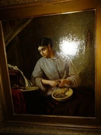 Woman peeling apples. Oil painting.