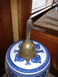 Antique captains Bell and blue garden stool.