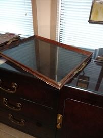 Antique glass and wood serving tray. Chinese buffet.