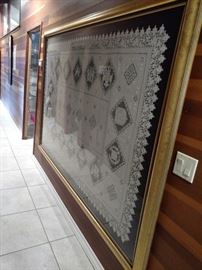 Huge framed Brussels lace tablecloth. One of a kind historical. 12 leagues of Nations seals embroidered. Used to be one at Chico state museum. 