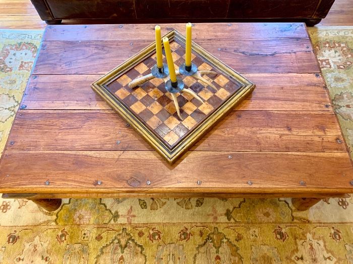 Vintage checker board, rustic coffee table.