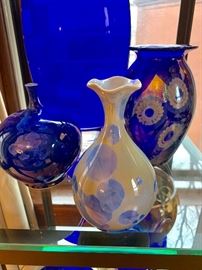 Closeup of cobalt vases and art glass. This artist is often represented at the Laumeier art fair. 