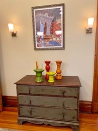 Vintage 3 drawer dresser with another signed print from local artist Nancy Muschany.
