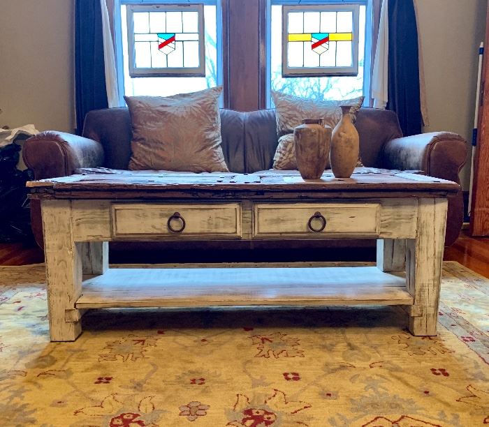 Rustic upcycled coffee table and Restoration Hardware wool rug...rug measures 6'x10'.
