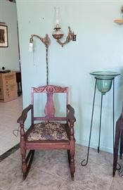 Antique Rocker, Antique Floor Lamp, Antique Wall Mount Oil Lamp