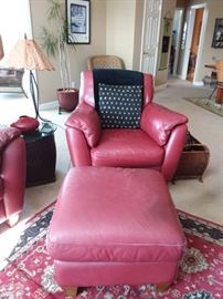 Red 4 piece Natuzzi leather living room set (loveseat, 2 chairs and ottoman), area rug, home decor, lamps and more