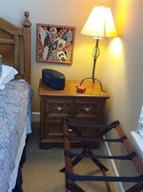 4 piece queen bedroom set with queen mattress and box springs, includes dresser with mirror, chest of drawers, and night stand...great condition! Luggage stand