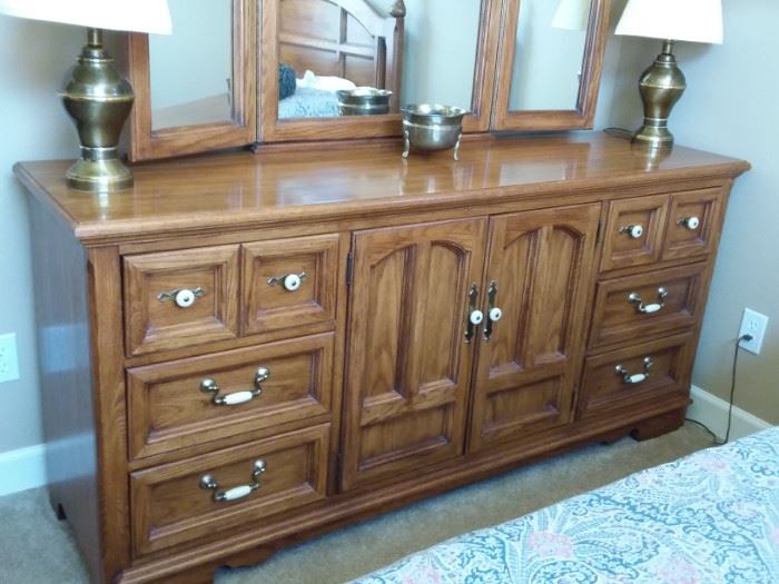 4 piece queen bedroom set with queen mattress and box springs, includes dresser with mirror, chest of drawers, and night stand...great condition!