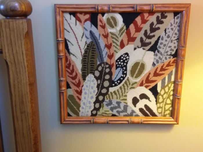 Vintage woven leaf art with "bamboo" accent mirror
